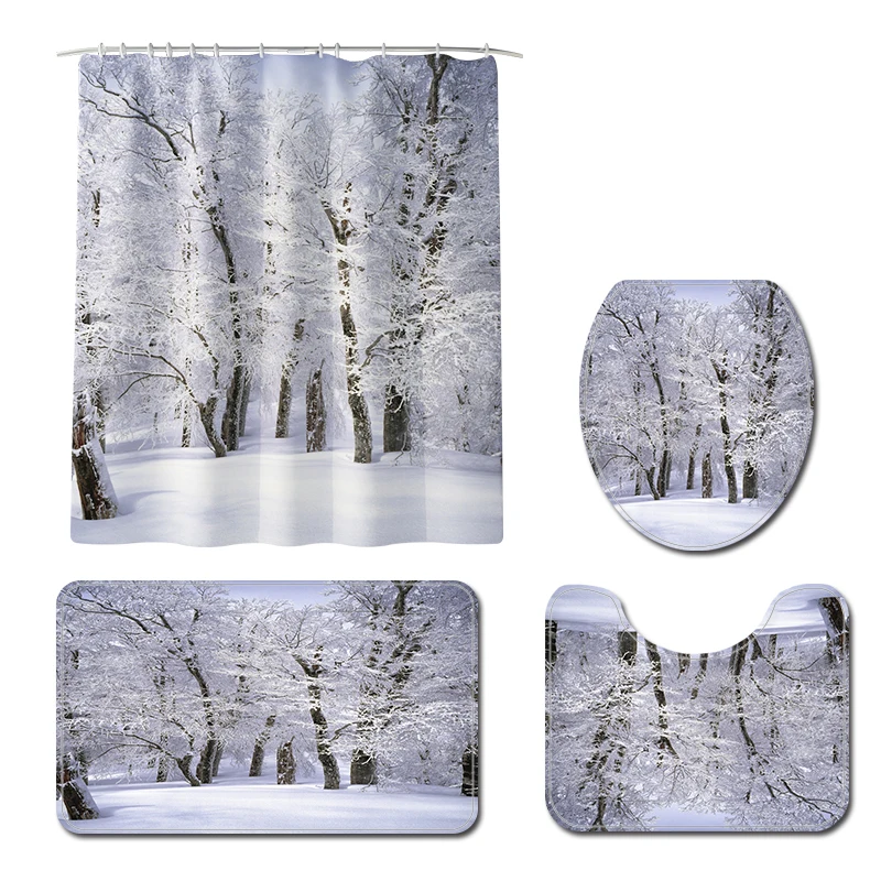 Scenery Shower Curtain Lid Toilet Cover Bath Mat Rug with Hooks Bathroom Accessory Sets