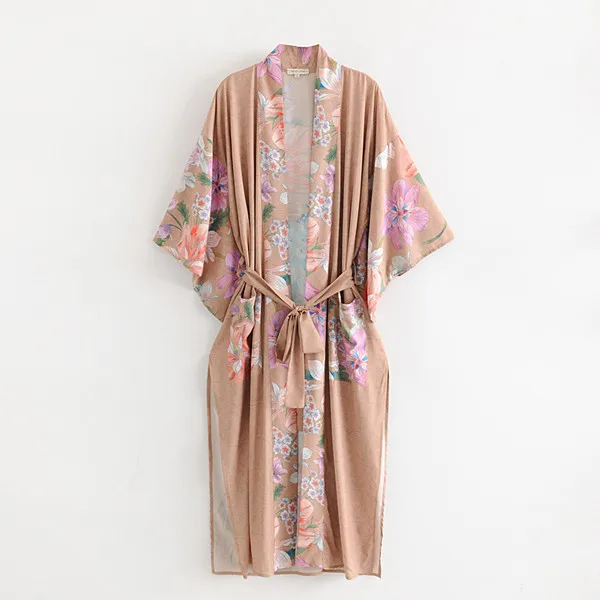 

WT6025 Hot Sale National Floral Belt Slim Waist Side Split Bohemian Dress Women Long Gown Cardigan Kimono Blouse Vestidos