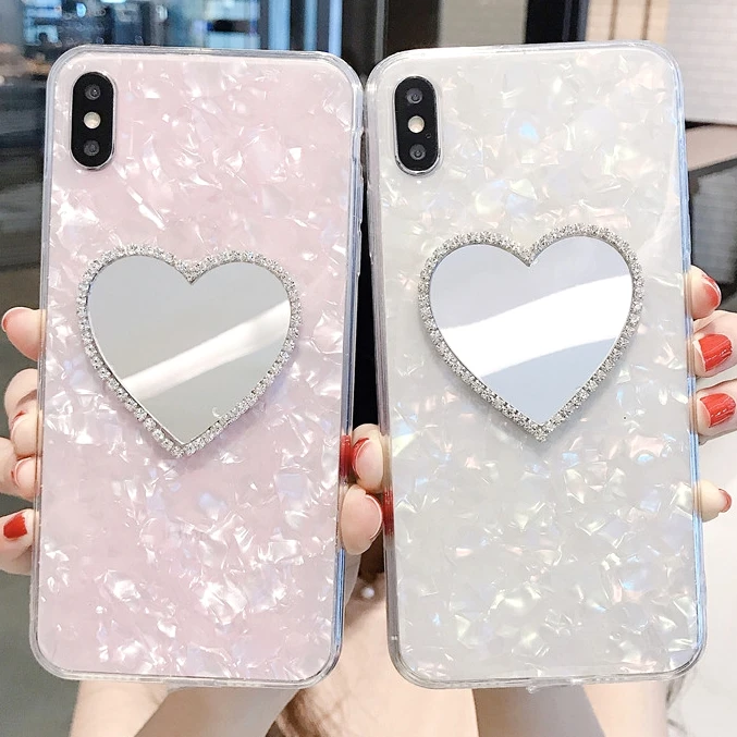 

Free Shipping Glitter Dream Diamond Love Heart Mirror Case for iPhone 12 11 Pro Max 7 8 Plus X XR XS Max Soft Girly Cover Coque