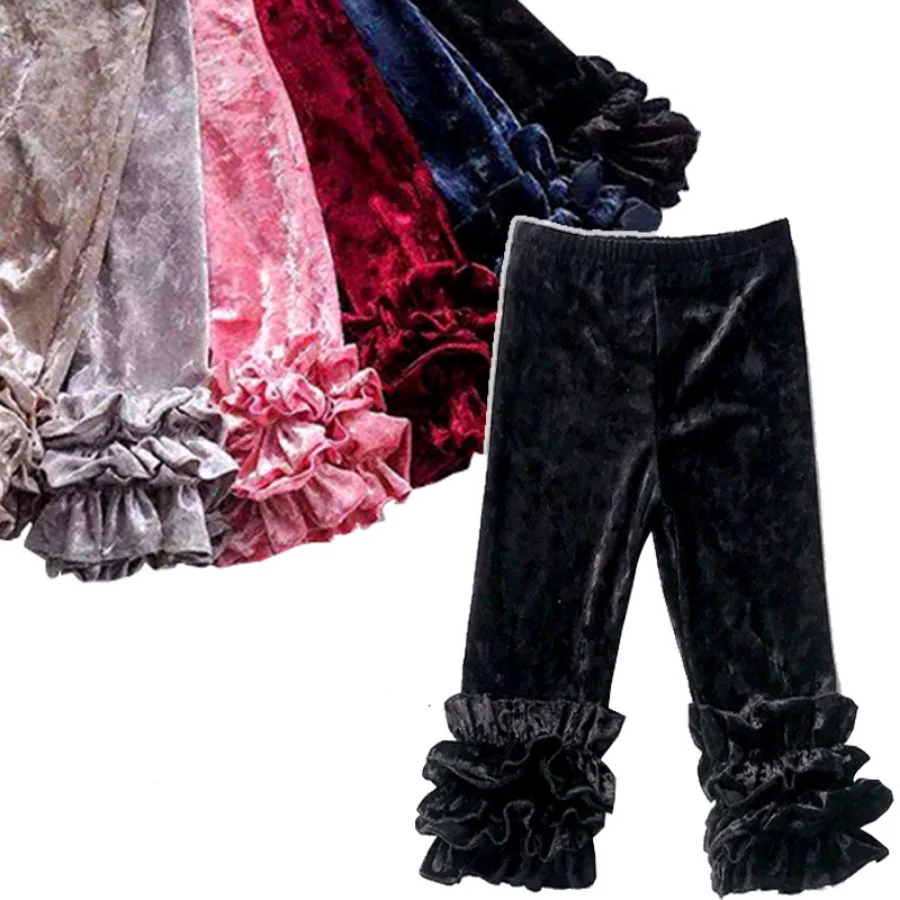 

EM-195 factory designs New fashion glitter velvet triple ruffle pants for baby girls icing leggings wholesale, Solid color, more than 30 colors