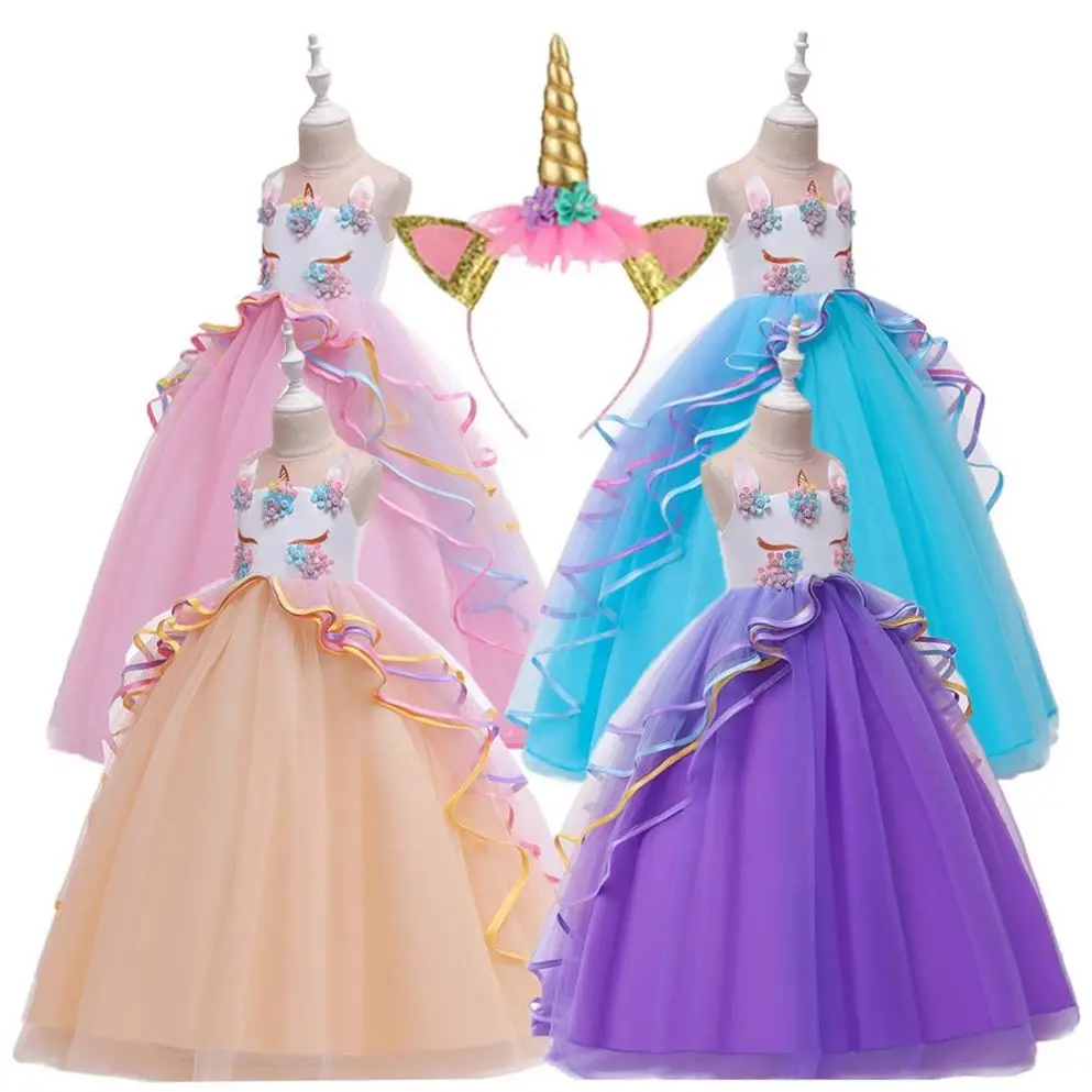 

vestidos de ninas New Modern Beautiful Baby Girl Unicorn Dress Children Weeding Flower Girl Dresses With Free Headband, Champagne,pink,blue,purple