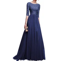 

Womens Long Bridesmaids Wedding Dress Half Sleeve Elegant Lace Round Neck Maxi Ladies Evening Party Dresses