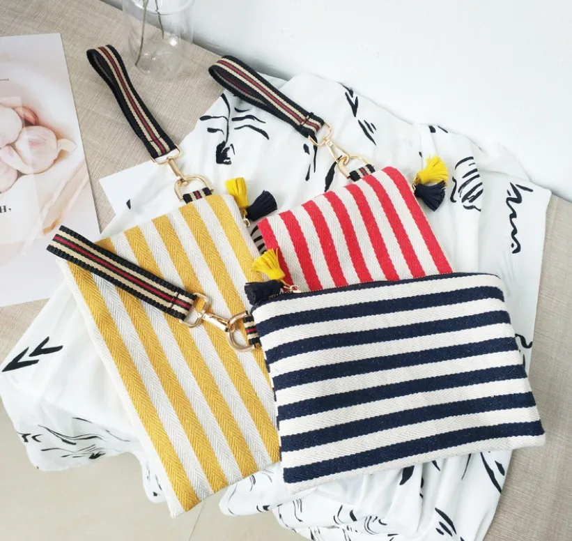 

2021 factory stock korea ins stripe cotton canvas cosmetic cluth waist handbag makeup phone bag pouch