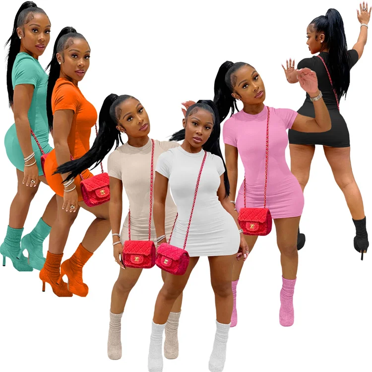 

Fashion Ladies Bodycon Dress Short Sleeve Ribbed Club Wear Party Summer Plus Size Womens Dresses