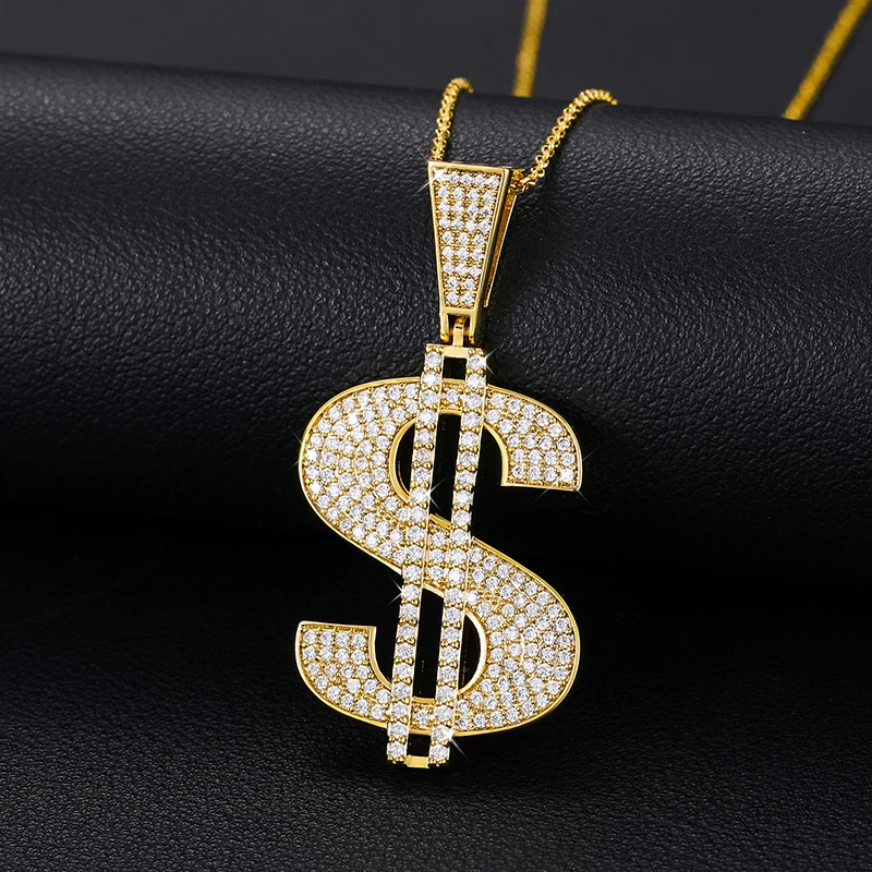 

Wholesales Dollar Sign Iced Out Pendant Jewelry Gold Plated 925 Sterling Silver VVS Moissanite Diamond Hip Hop Pendant Necklace