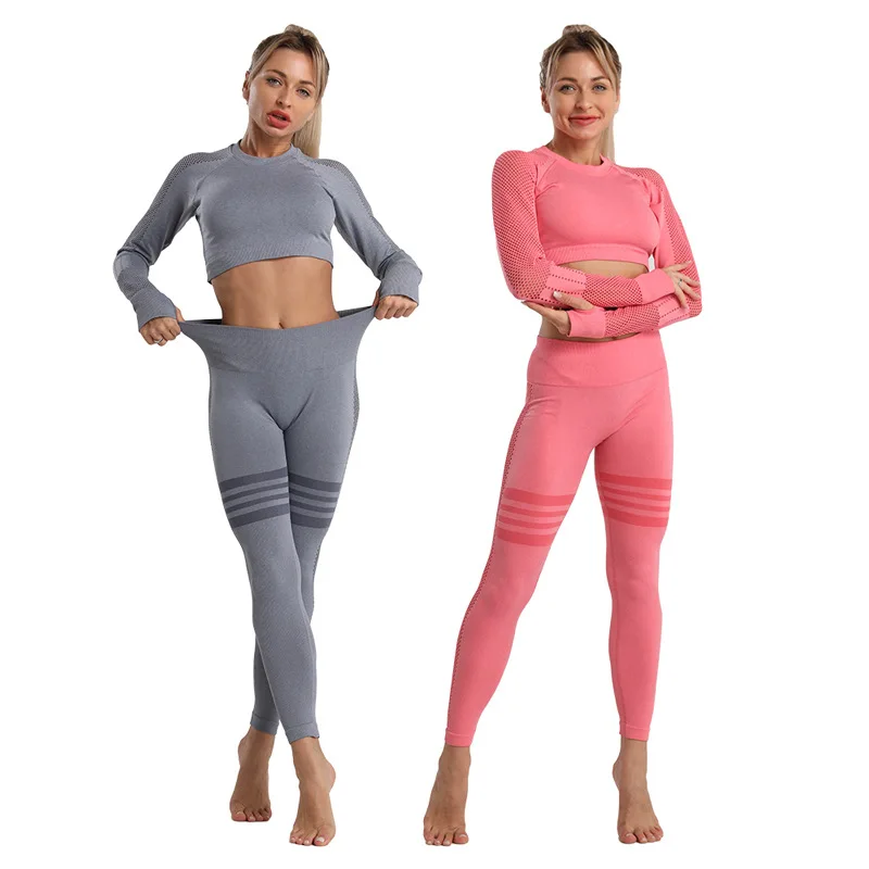 

Yoga two piece set hollow mesh sportswear top running fitness suit women's tights