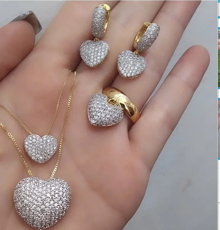 

fashion jewelry Iced Out 18K Gold Plated Heart Necklace And Earrings Ring Jewelry Sets
