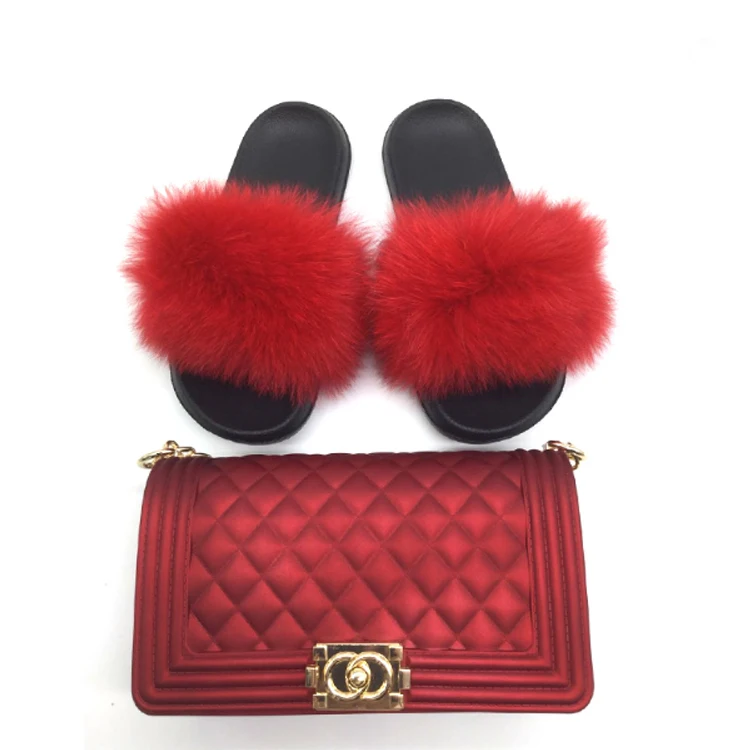 

2021 Hot Sale Women Bags Sets Beauty New Summer Women's Fur Slides Home Furry Jelly Purses Sets For Women And Sandals, 12 colors