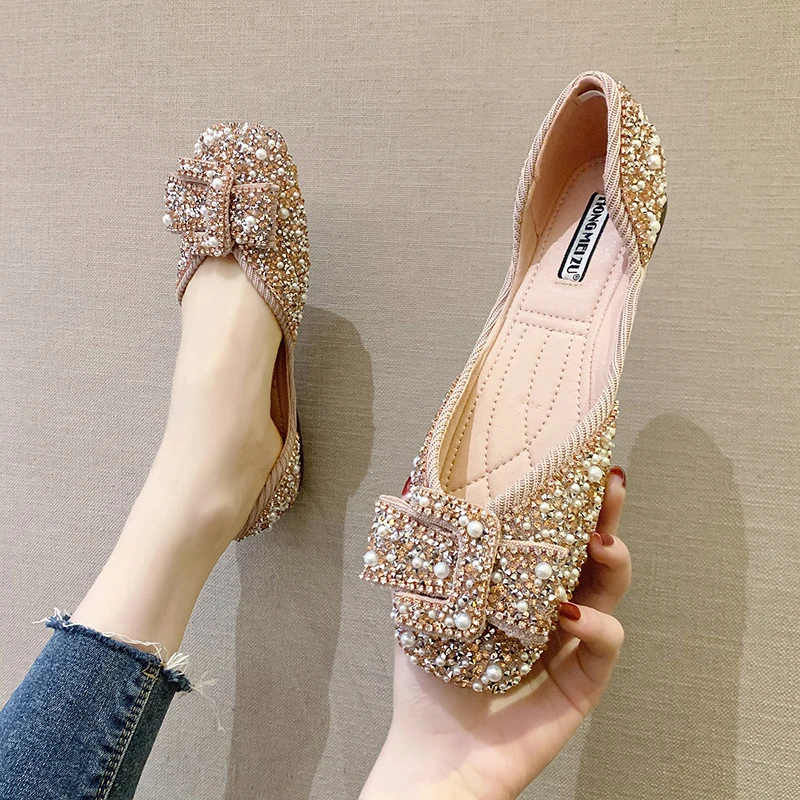 

Womens Bow Sequins Single Shoes Rhinestone Glitter Square Toe Ballet Flats Ladies Bling Crystal Diamond Black Pink Dress Flats, Picture shown