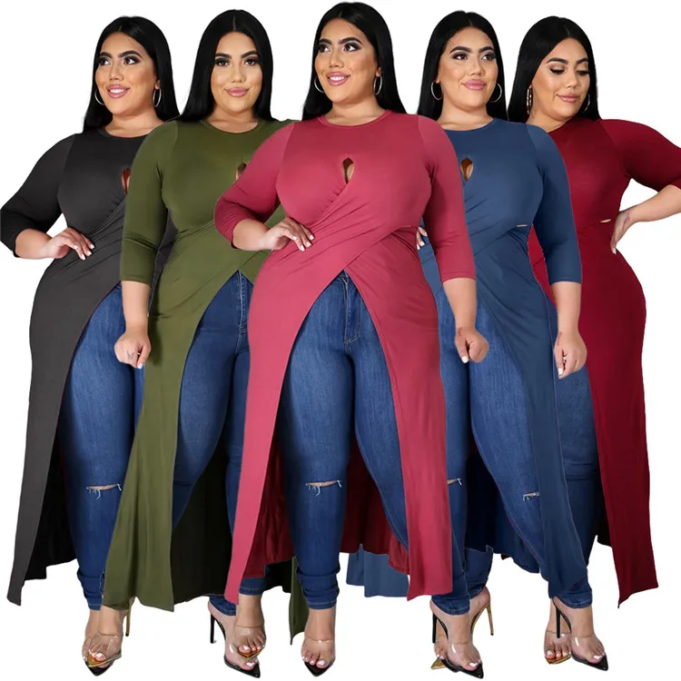 

2021 Casual Ladies Clothing Solid Long Sleeve Hollow Out Slit Plus Size Spring Women Dresses Tops