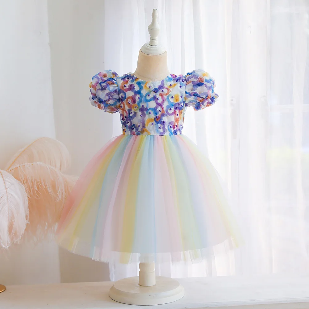 

Colorful girls princess birthday dress 2 years old flower girl wedding dress kid party little girl dress, Pink, green, blue