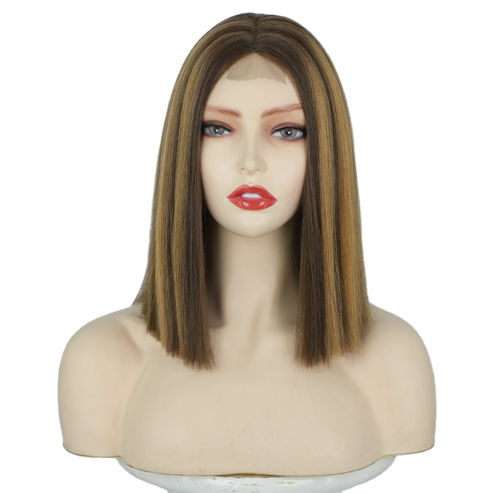 

Silky Straight 12inch Synthetic Hair Lace Front Middle Part Bob Wigs High Temperature Fiber Hair Wigs For Black Women