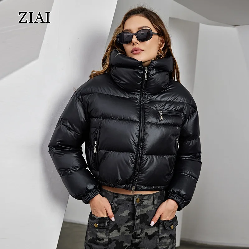 Fashion Warm Shiny High Collar Crop Puffer Padded Puffer Jacket Black Short Women Outdoor Winter Coat Puffer Coat