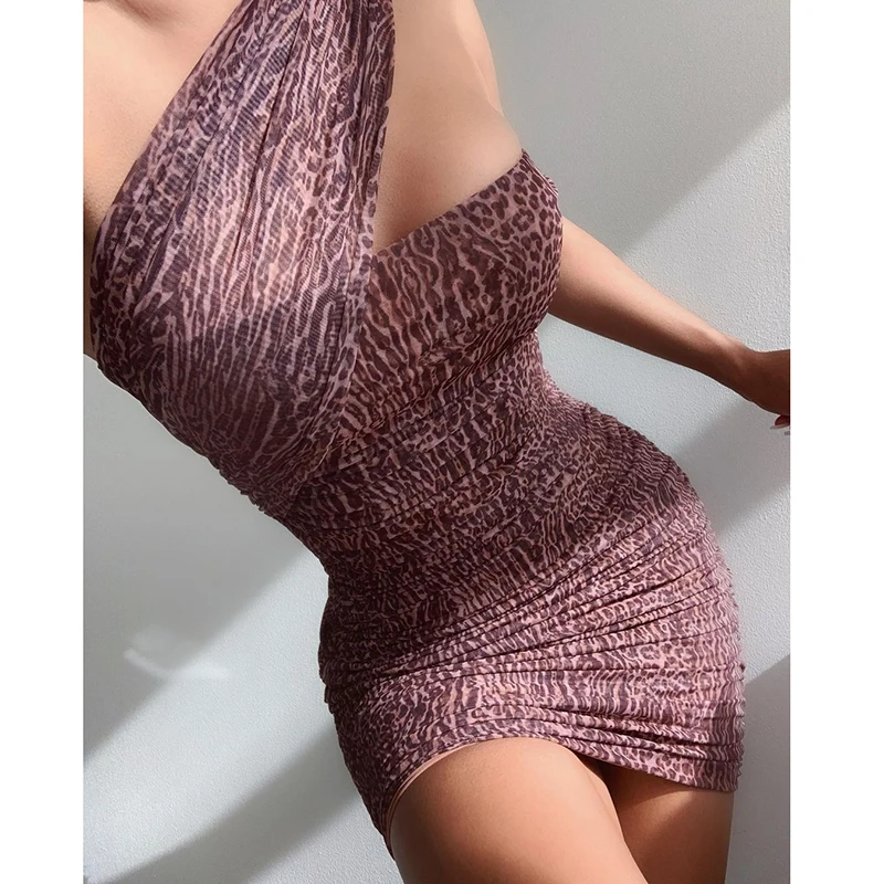 

Sexy Sleeveless One Shoulder Mesh Casual Bodycon Mini Leopard Animal Print Dresses Women