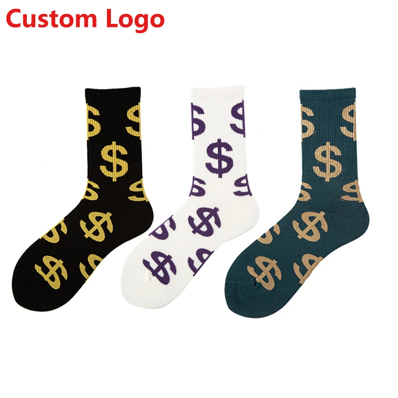 

Wholesale Custom Winter White Black Bamboo Cotton Fashionable Happy Funny Novelty Sport Wear Tube Crew Shoe Dollars Sock For Men, Black.white.dark green