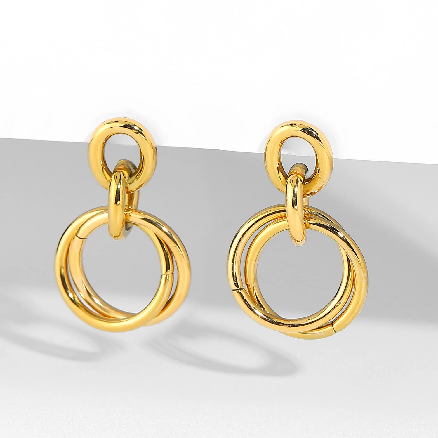 

New Arrival Minimalist Woman Jewelry 18K Gold Plated Stainless Steel Double Circles Ring Ear Stud Earring