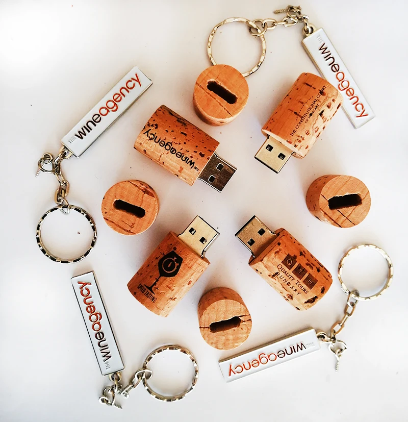 customized Eco-friendly Natural Wood Wine Corks Shape USB Flash memory stick pen Drive with keyring for promotion advertising