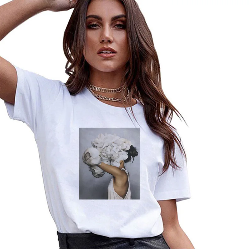 

2020 New Design polyester feather floral print short sleeve women t-shirt