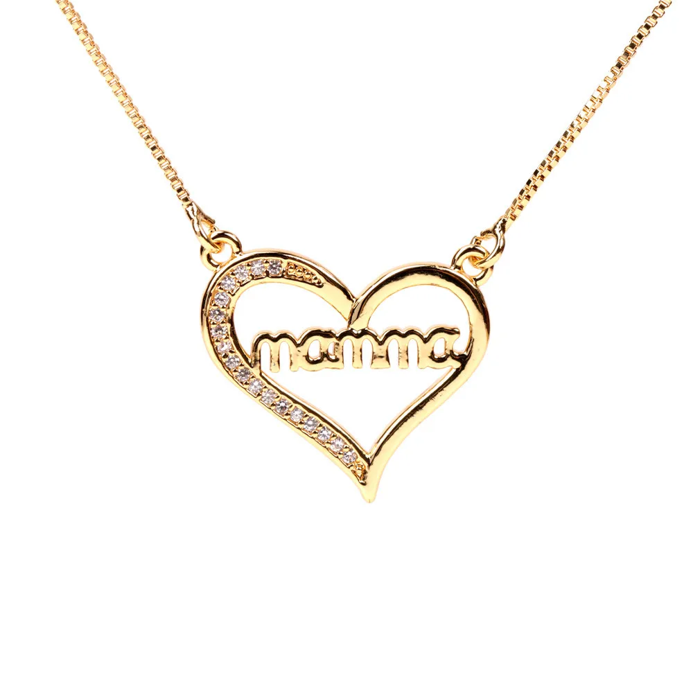 

Best Selling Crystal Rhinestone Mama Letter Heart Necklace Gold Color Mama Hollow Heart Pendant Necklace For Women