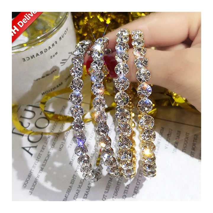 HOVANCI Hypoallergenic Post 18k Gold Sparkling Rhinestone 60mm Big Hoop Earrings 7cm Crystal Large Hoop Earrings