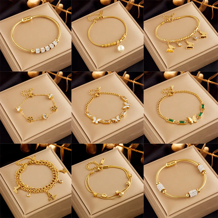 

Stainless Steel Gold Plated Butterfly Flower Bangle Bracelet Adjustable Layered Zircon Pearl Bracelet for Women