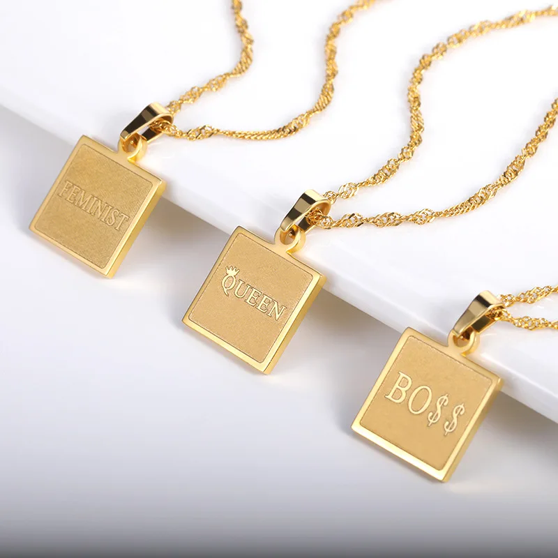 

Custom Inspiration Engraved Bar Square Feminist Boss Queen Charm Necklace Stainless Steel Material Charm Jewelry 2021