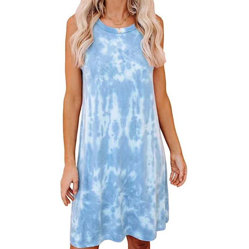 

Summer Tie-Dye Gradient Print Women's Dress Loose Sleeveless Vest Dress Round Neck Fashion Soft Female Home Dress, As the pictures shown