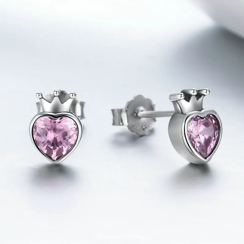 

New Type Crown Pink Heart Love 925 Sterling Silver Studs Earrings 2020