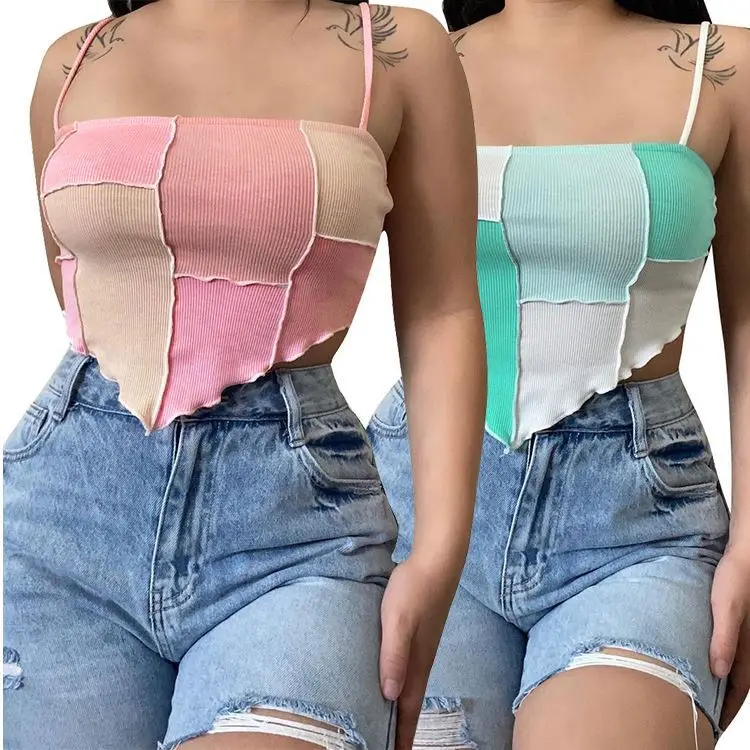 

CATHY Hot Sale Women Tops Fashionable Wrap Knit Rib Color Block Casual Summer Suspender Short Ladies Tank Tops