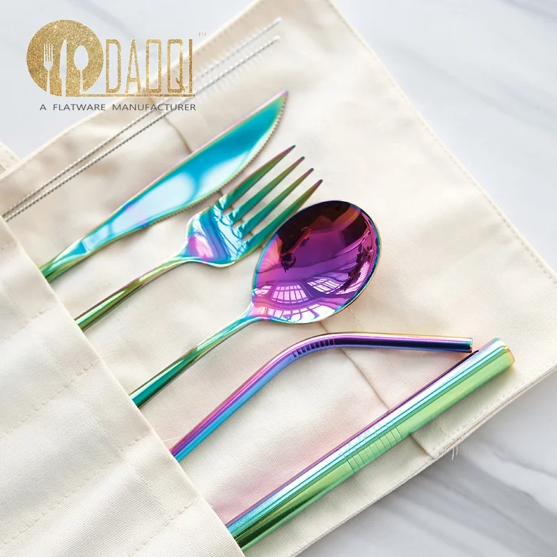 

304 stainless steel korean travel colorful flatware set dishwasher safe camping cutlery roll with straw and brush