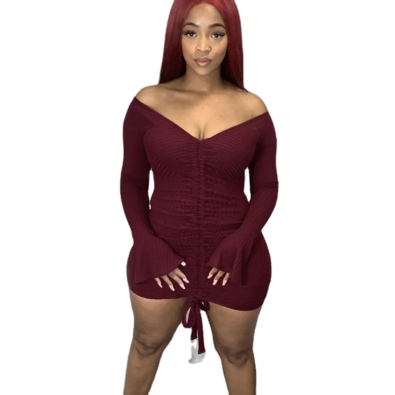 

Fall Winter Hot Sale Women Long Sleeve Sexy Off Shoulder Deep V Neck Drawstring Ruched Nightclub Party Bodycon Mini Dress, Picture color
