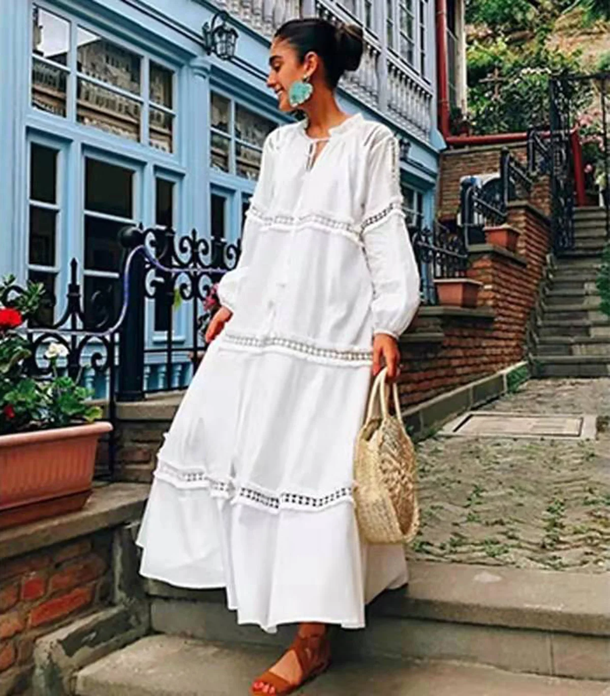 

White Summer Vintage Dress Midi Button round Neck Maxi Korean Elegant puff sleeve Dresses Women Casual Long Summer Dresses