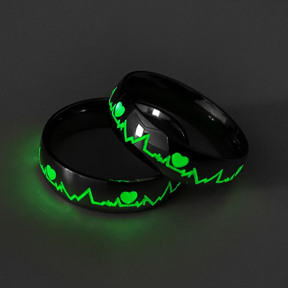 

Stainless Steel Luminous Heartbeat Ring ECG Couple ring Simple Fashion Fluorescent Couple jewelry For women and men, Steel color