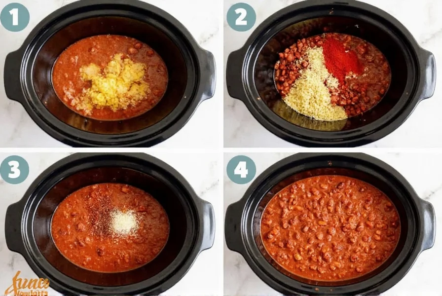 Step-by-step crock pot chili recipe showing ingredients being added to slow cooker