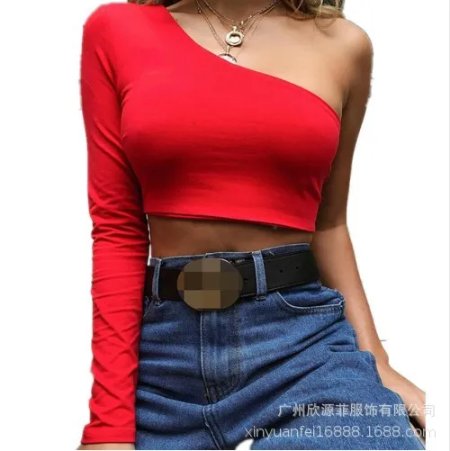 

One Shoulder Slope Neck Sexy T-shirt Solid Color Long Sleeve Women's T-shirt Summer Women