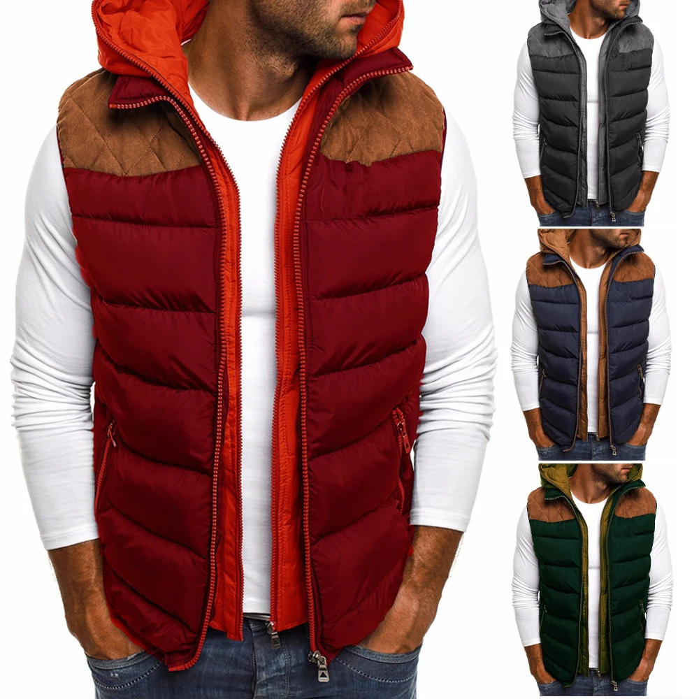 

Men's Jackets New Winter Sleeveless Parkas Jacket for Men Fashion Warm Hooded Male Work Waistcoat Zipper Patchwork Gilet Vest