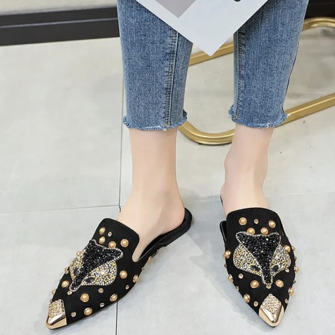 

Women Pointed toe Mules Backless Flats Tiny Diamond Fox Metat Rivets Studded Outdoor Slippers Shoes Sexy Dress Loafers, Black