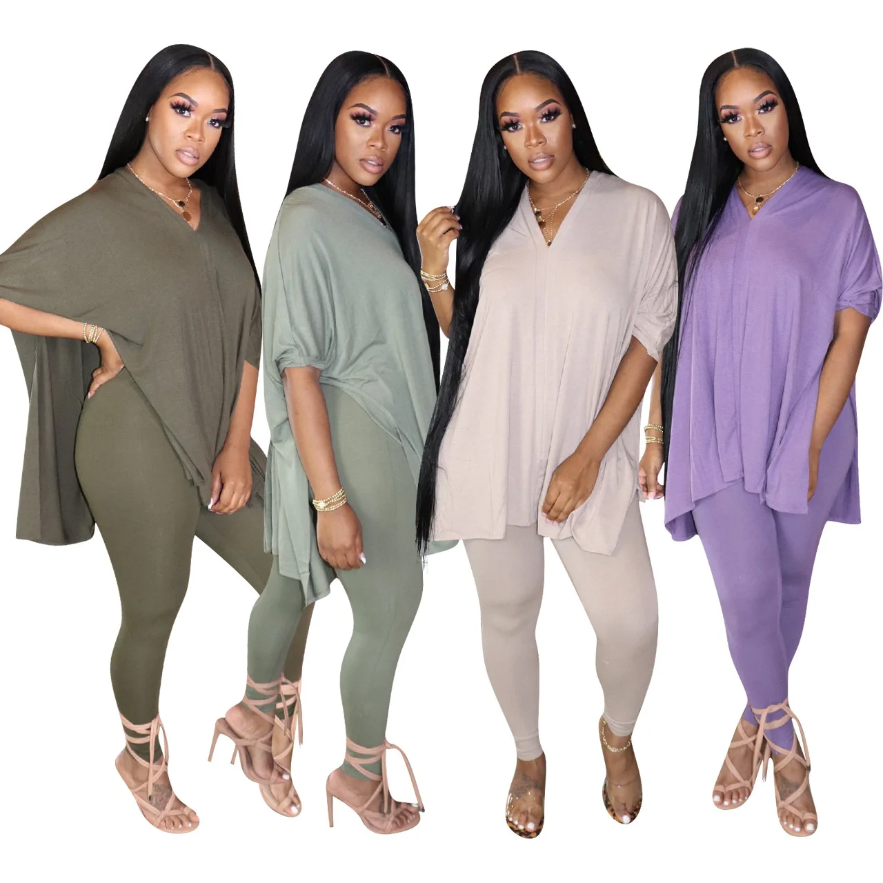 

Yiwu Factory Clothing Ladies 2 Pieces Pant Two Piece Set V Neck Long Sleeve Two Piece Set, 9colors