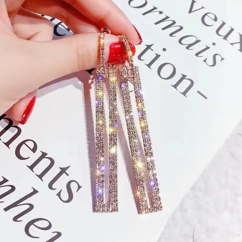 

925 silver needle European and American fashion exaggerated diamond inlaid Rectangular long earrings, Picture shows