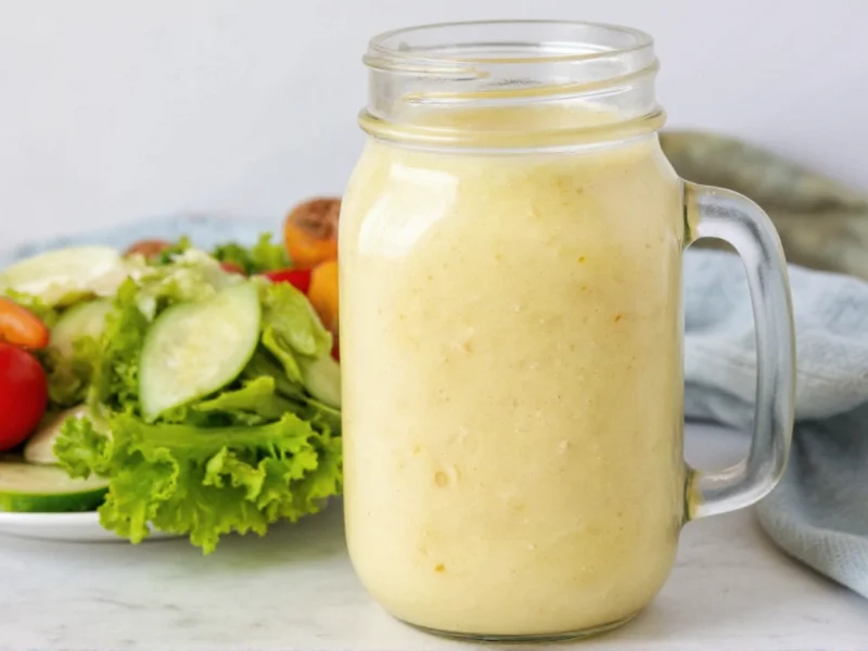 Homemade Caesar dressing in mason jar with salad