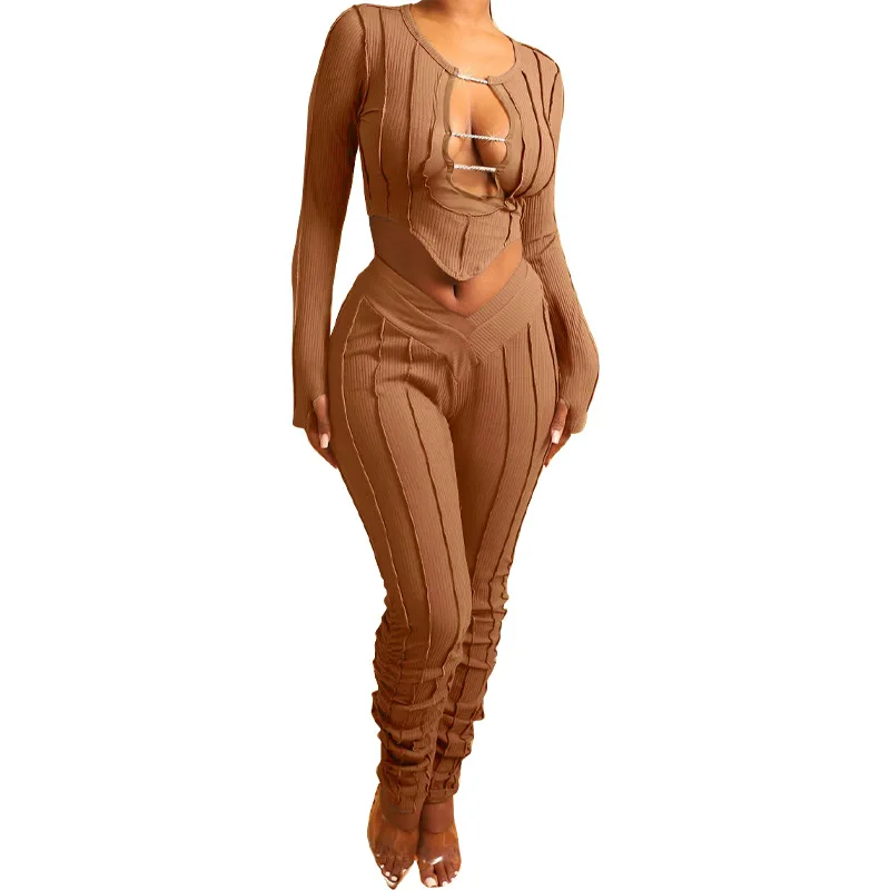 

2021 New arrivals In Stock women sexy long sleeve top and long pants fashion slim casual two piece set