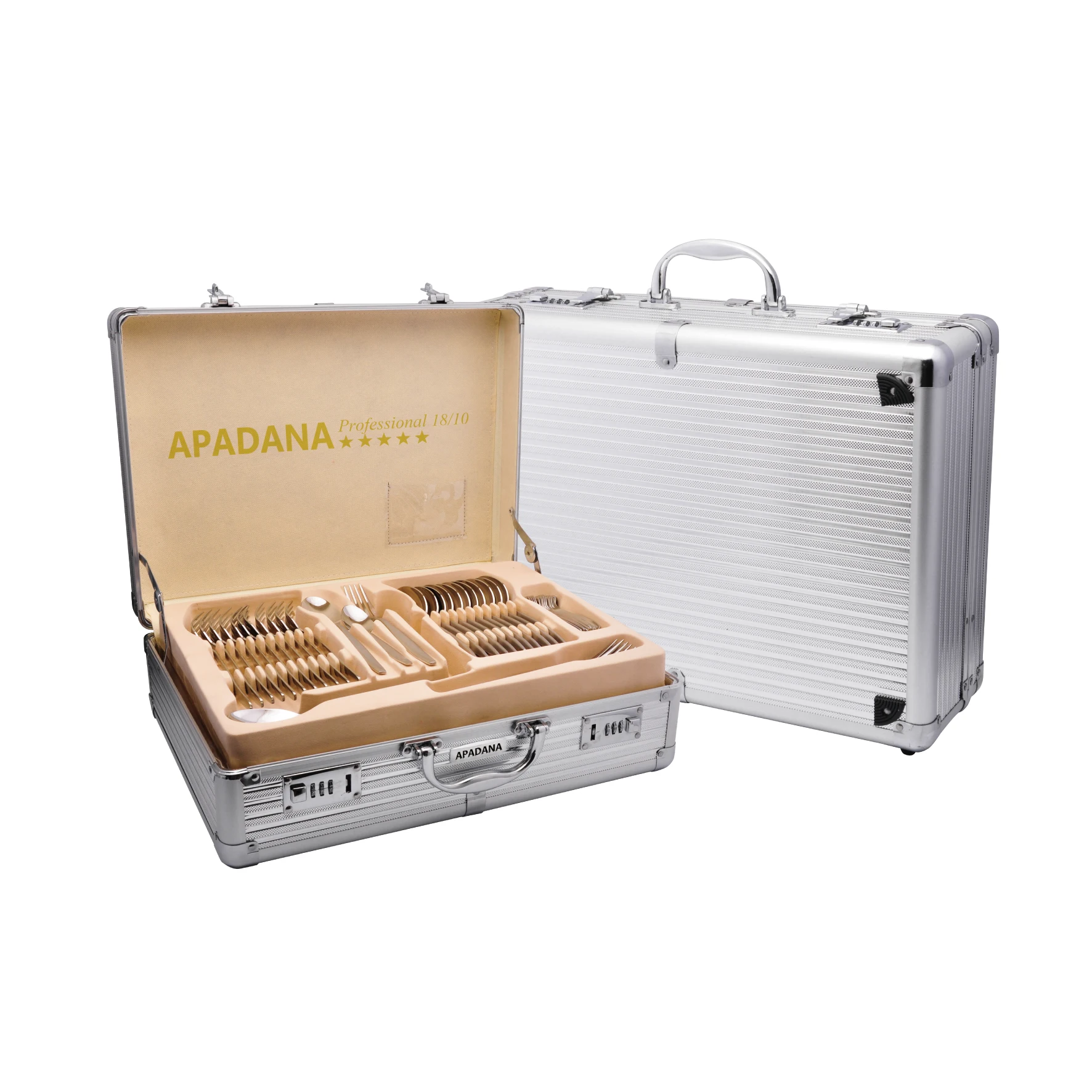 

145pcs flatware stainless steel cutlery set with Aluminum case, Stainless steel silver cutlery set