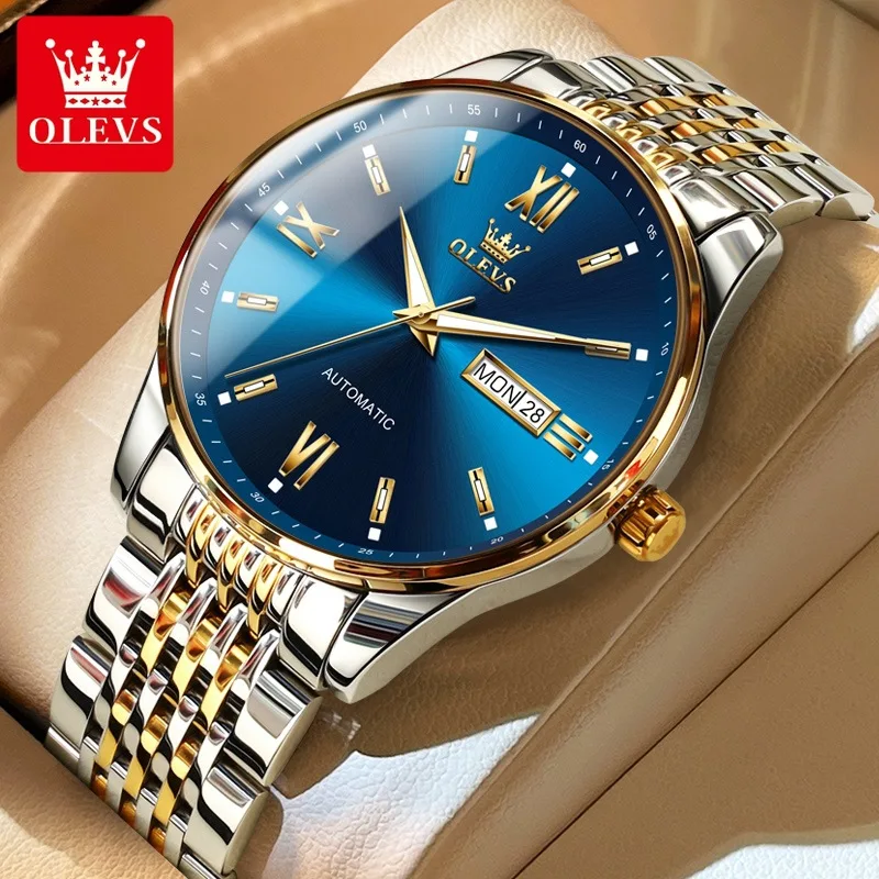 OLEVS 6777 Fashion Men Mechanical Watches Stainless Steel Sport Waterproof Calendar Week Display Mens Automatic Watch Gold Blue