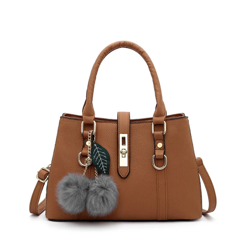 

Lady Fashionable Handbag Personalized Women Monogrammed Solid Pom Pom PU Leather Tote Bag, Pink,black,gray,brown,blue