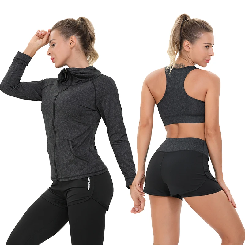 

JULY'S SONG Wholesale Seamless Yoga Wear Fitness Women's Workout Clothing Casual 5 Piece Yoga Set Sport Long Jacket Yoga Wear, Green;pink;gray;purple
