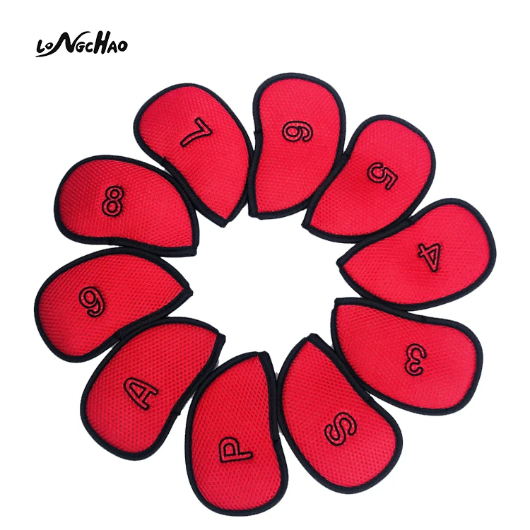 

Hot Sale Handmade Sandwich Mesh 10 Pcs Golf Iron Head Covers Protective Case, Red