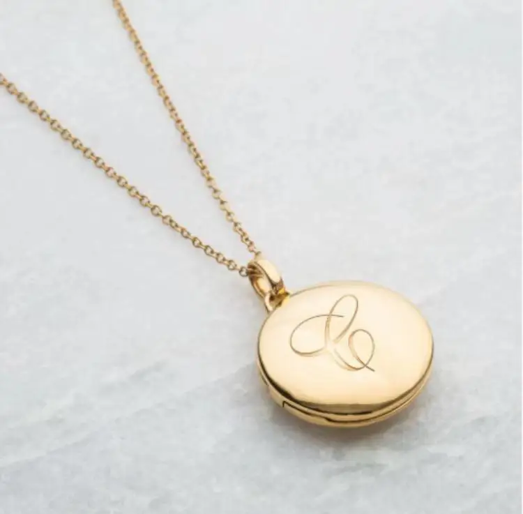 

Women custom initial 925 sterling silver round pendant plated 18k or 24k gold jewelry necklace photo locket, Gold plated