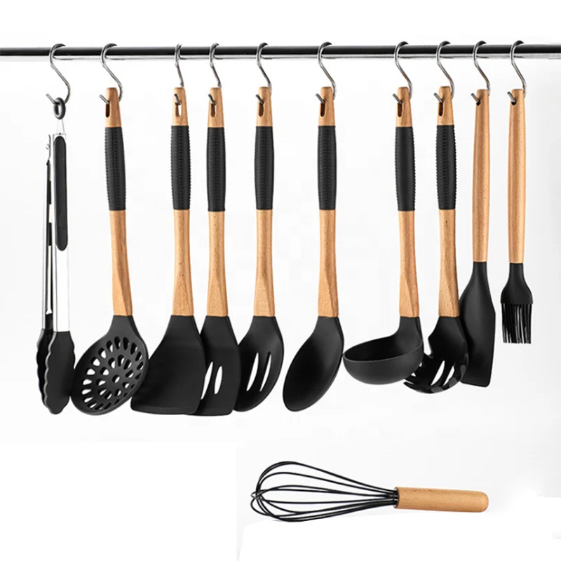 

11 pieces of non-slip wooden handle silicone kitchenware set with hook