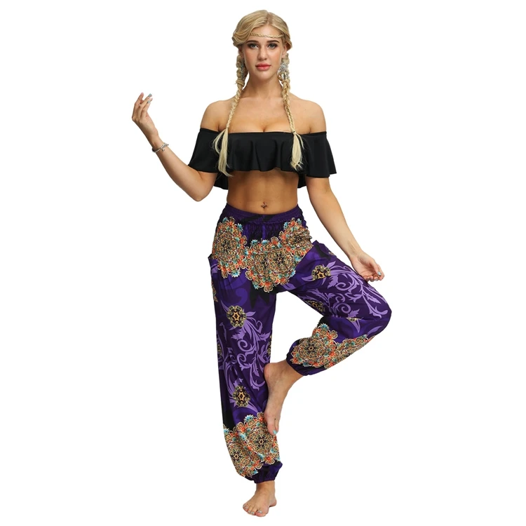 Summer Beach Bohemian Pants Women High Waist Harem Pants Plus Size Vintage Loose Print Bloomers Floral Trousers Women