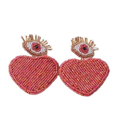 

Bohemia Ethnic Style Handmade Crystal Rice Beads Heart Stud Earring Crystal Rice Beads Evil Eyes Pendant Earring For Women